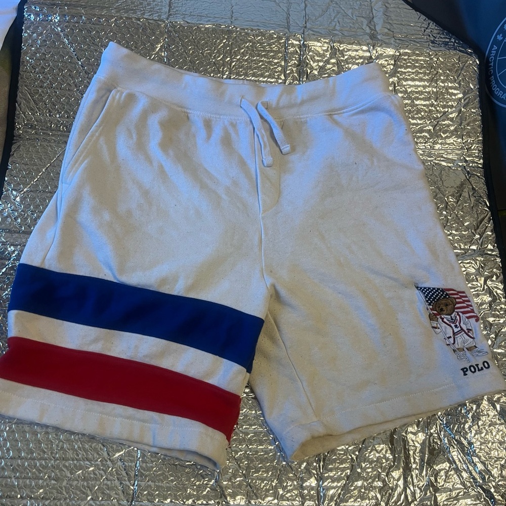 Polo Ralph Lauren Men's Size L Double Knit Beach Shorts - White/Blue/Red - 9/10